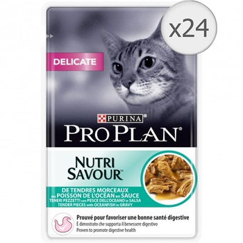 Hrana umeda pentru pisici Pro Plan Delicate Nutrisavour, Peste Oceanic in sos, 24x85g