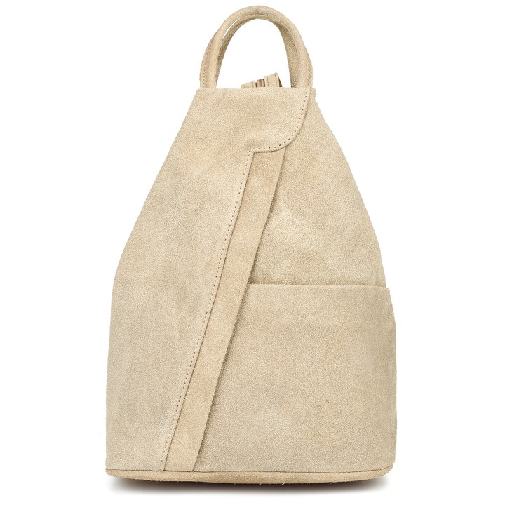 Rucsac dama, Vera Pelle, din piele intoarsa, 5 buzunare, bej, 30x24x12cm