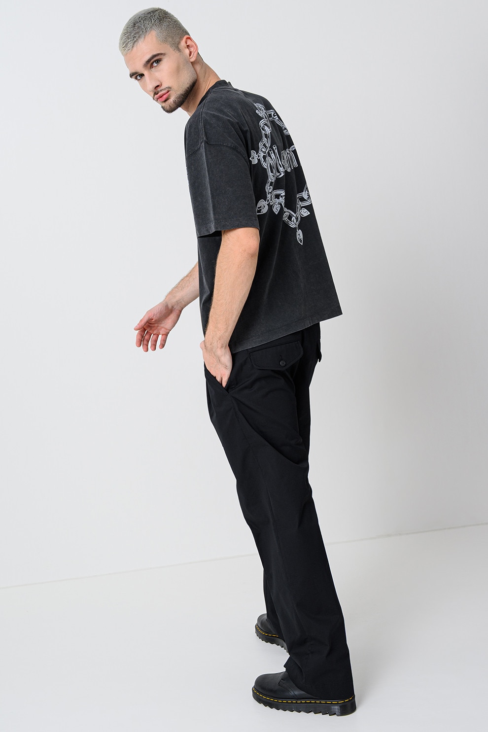 AllSaints, Tricou din bumbac organic cu imprimeu logo pe partea din spate Drip, Alb, Gri antracit, L