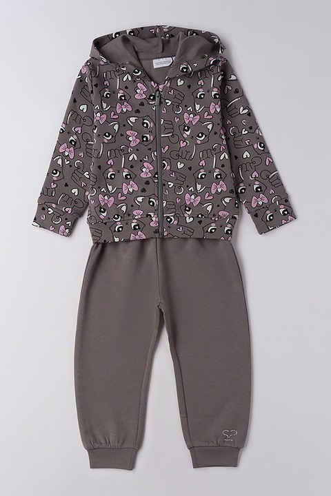 Sarabanda, Cipzáros szabadidőruha macskás mintával, Fehér/Pasztellrózsaszín/Sötétbarna