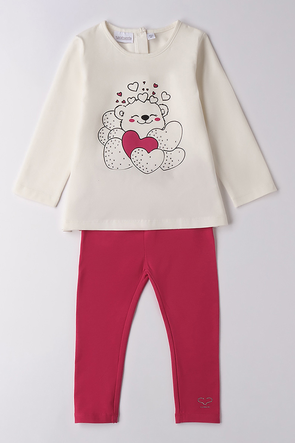 Sarabanda, Set de bluza cu imprimeu cu urs si colanti, Alb fildes, Negru, Roz zmeuriu, 128 CM