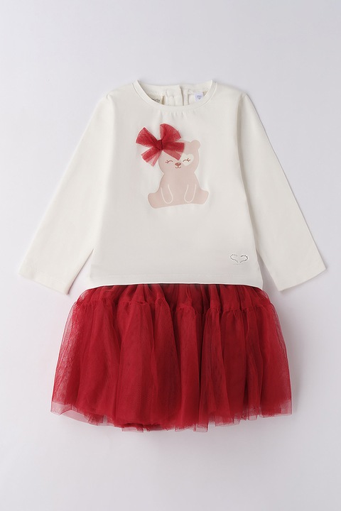 Sarabanda, Set de bluza si fusta cu tul, Alb fildes/Rosu inchis/Roz prafuit