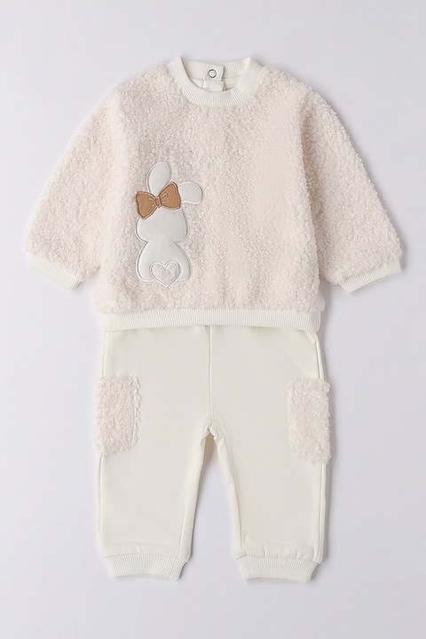 IDO, Set de bluza pufoasa de trening si pantaloni - 2 piese, Alb fildes/Maro deschis