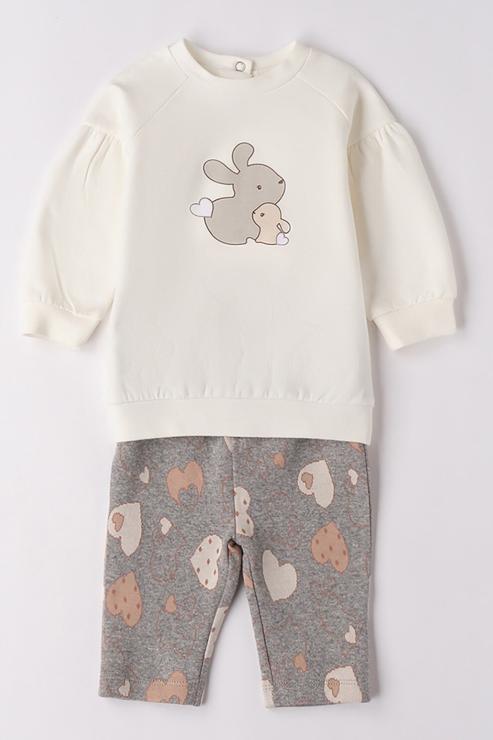 IDO, Set de bluza si pantaloni cu model inimi - 2 piese, Alb fildes, Gri inchis melange, Maro deschis, 92 CM
