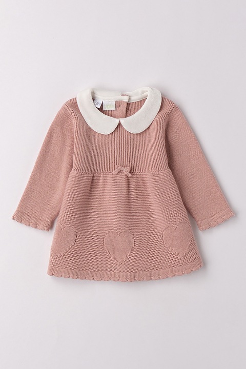 IDO, Rochie de bumbac tricotata cu guler rotund, Alb fildes/Roz prafuit