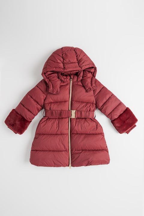 IDO, Geaca cu vatelina, curea si detalii de blana sintetica, Rosu stins