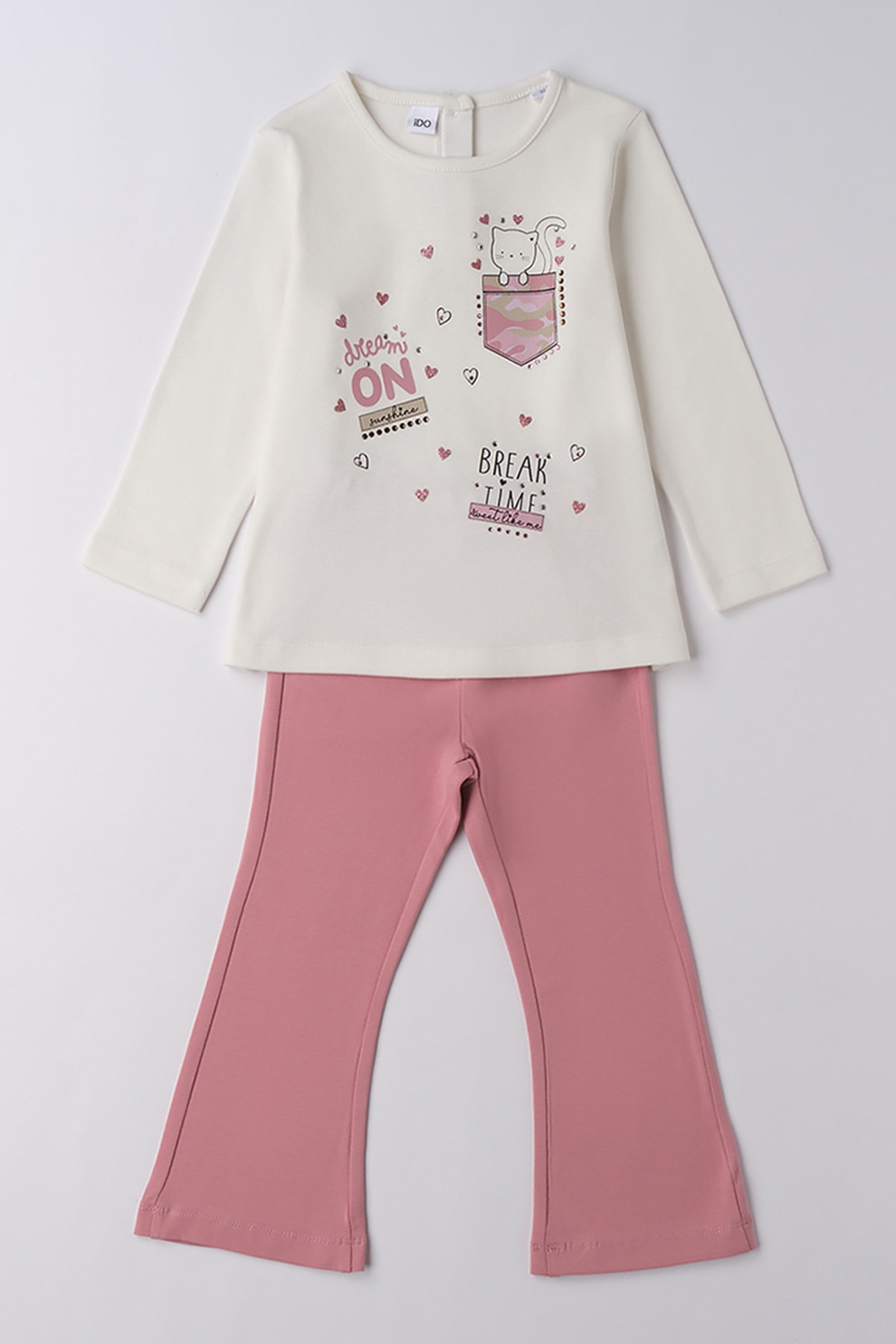 IDO, Set de bluza si pantaloni evazati, Roz prafuit, Crem, 110 CM