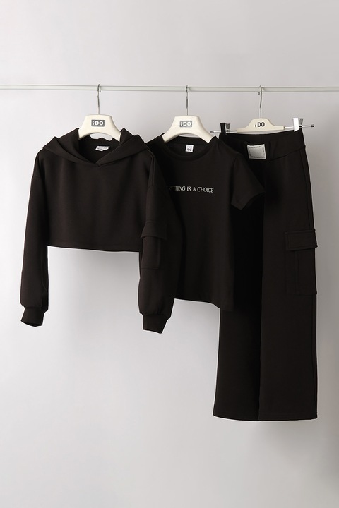 IDO, Памучна тениска, худи и спортен панталон - 3 части, Черен