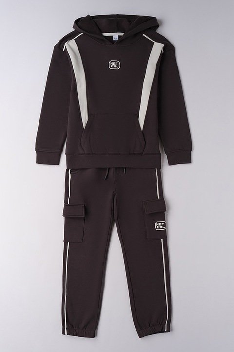 IDO, Trening cu imprimeu text si hanorac, Maro inchis