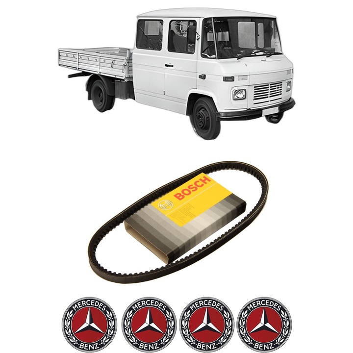 Curea transmisie accesorii MERCEDES-BENZ T2/L Platform/Chassis LK 408 G, LK 409 (309.040, 309.041, 309.044) din 1975-1982, auto, Bosch, 4x Stickere auto cu MERCEDES-BENZ