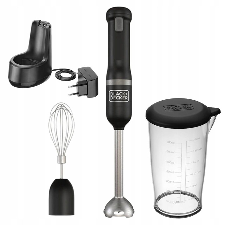 Blender de mana BLACK+DECKER 2 in 1, inox, 700ml, fara fir, 5 viteze