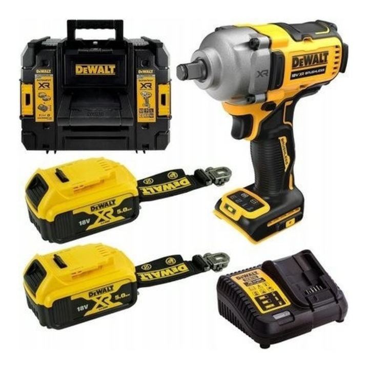 Cheie cu impact DeWalt DCF891P2LRT, 18V, 812Nm, 4 viteze, 2 acumulatori 5.0Ah, dimensiuni 180x72x208mm, set