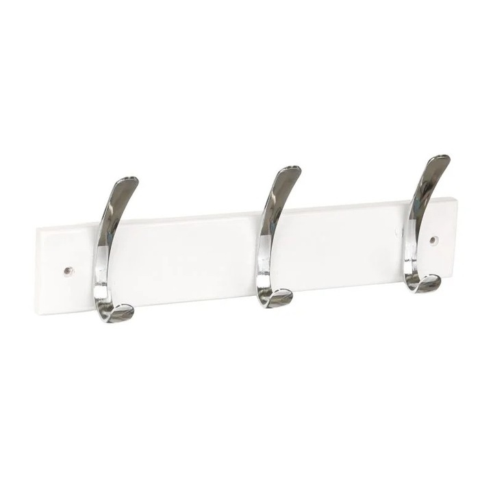 Fehér fa fali fogas 3 dupla króm fém akasztóval 33x11 cm Shopiens®