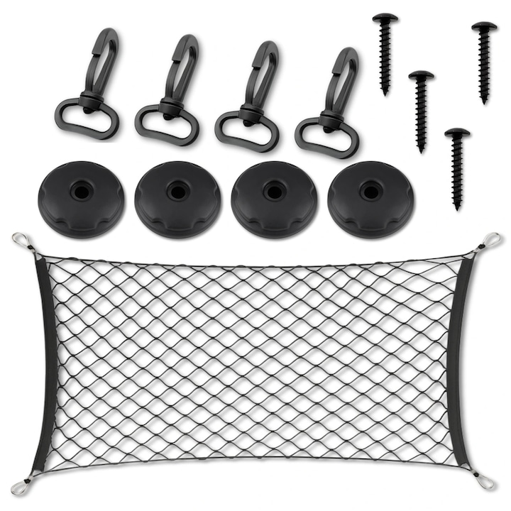 Plasa portbagaj auto elastica 70x120cm, organizator pentru fixare si securizare bagaje, cu set de montaj, carabiniere si carlige, ideala pentru SUV, break, transport cumparaturi si echipament sportiv