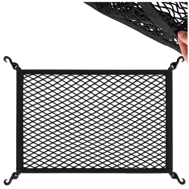 Мрежа за багажник на кола Edibazzar, 80x60см, еластична, с 4 куки за закрепване, универсален органайзер за багаж, пазарски чанти и спортна екипировка, съвместима с повечето леки автомобили, SUV и комбита