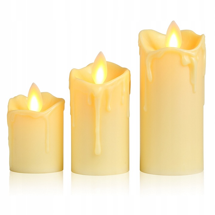 Set 3 lumanari LED din ceara, efect flacara, crem, diverse inaltimi