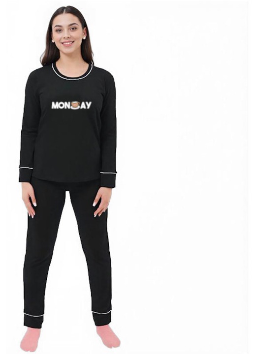 Pijama pentru femei CLANDESTINE monday coffee, Set 2 piese, Bluza cu maneca lunga si decolteu rotund la baza gatului, Pantaloni lungi cu mansete, Buzunare si snur ajustabil in talie, Calduroasa de iarna, BUMBAC, Negru, Marimea XL