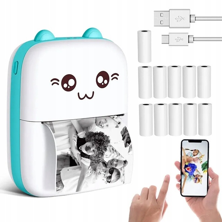 Mini imprimanta termica Drukus, set cu 11 role, Bluetooth, 200dpi, 11x8x3,5cm, roz sau albastru