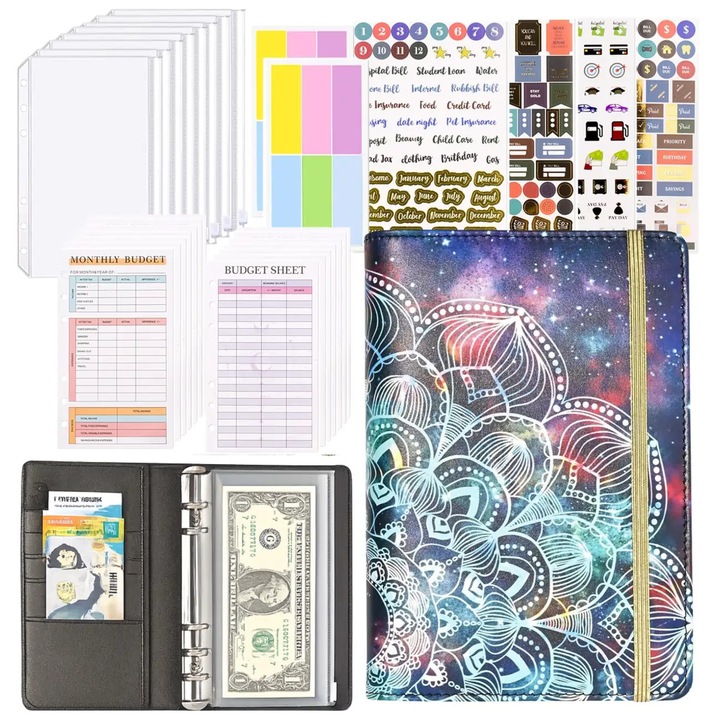 Set organizator bugetar Edibazzar, format A6, pungi transparente, foi de buget, autocolante colorate