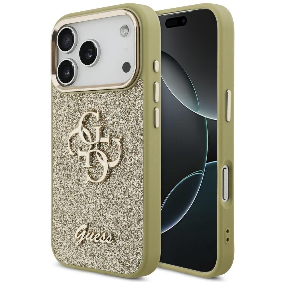 Husa pentru iPhone 17 Pro - Guess Fixed Glitter Big 4G Metal Frame - Gold