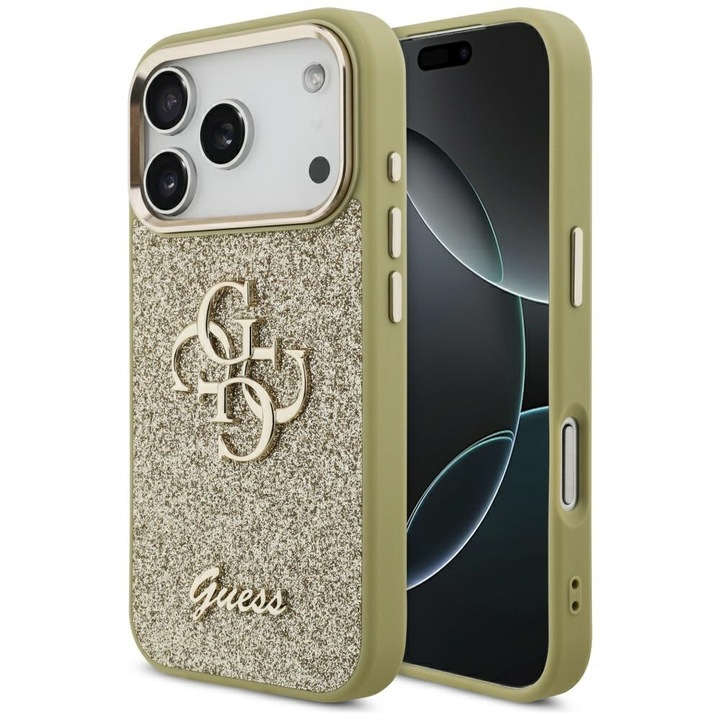 Husa pentru iPhone 17 Pro - Guess Fixed Glitter Big 4G Metal Frame - Gold