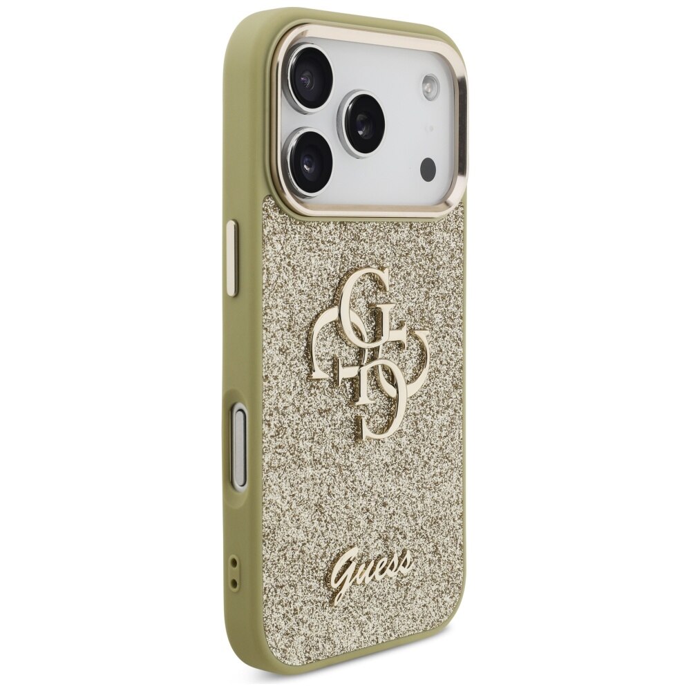 Husa pentru iPhone 17 Pro - Guess Fixed Glitter Big 4G Metal Frame - Gold