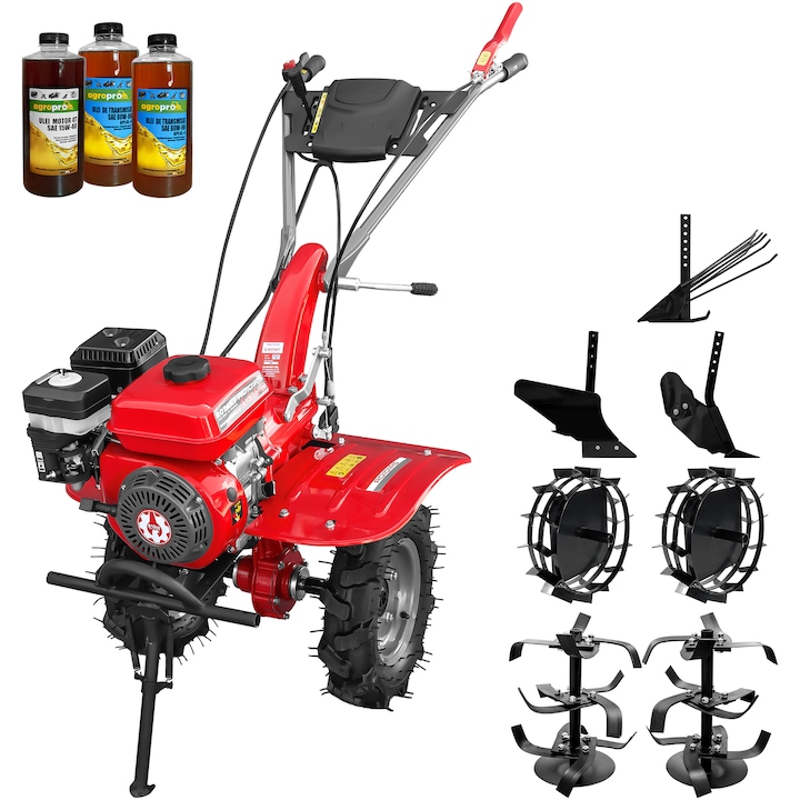 Motocultor Rotakt Cadet RO101RS, motor 7 CP, benzina, 2+1 viteze, latime lucru 56-90 cm, freze 2+1, roti 4.00-8”, roti metal, plug arat, rarita reglabila, plug cartofi, 3l ulei