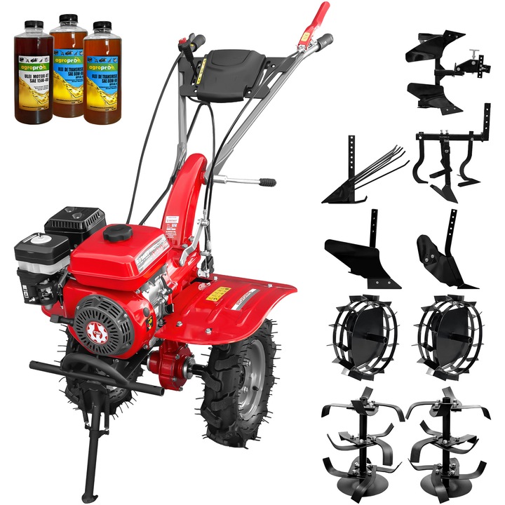 Motocultor Rotakt Cadet RO101RS, motor 7 CP, benzina, 2+1 viteze, latime lucru 56-90 cm, freze 2+1, roti 4.00-8”, roti metal, plug arat, rarita reglabila, plug cartofi, cultivator, plug reversibil, 3l ulei