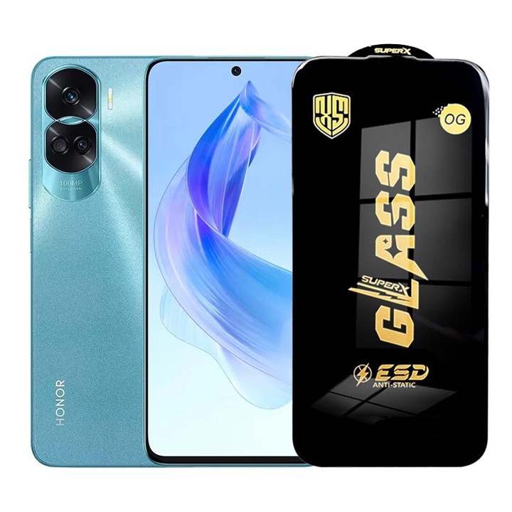 Защитно фолио за Honor 90 Lite, Flippy, Закалено стъкло ESD, Черни ръбове, Устойчиво на надраскване, Антистатично, 0.35 мм, Прозрачно