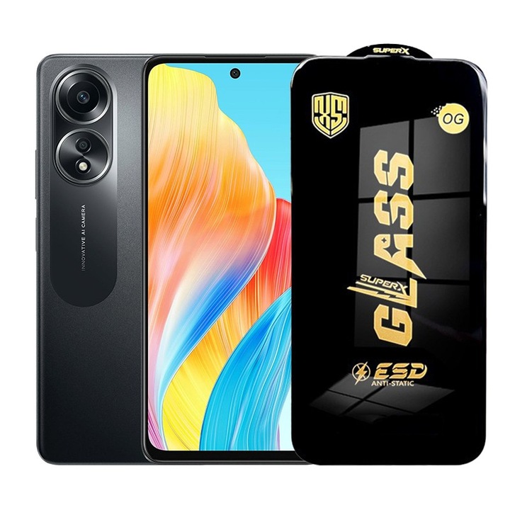Folie ecran pentru Oppo A58, Sticla Securizata ESD, Margini Negre, Rezistenta la Zgirieturi