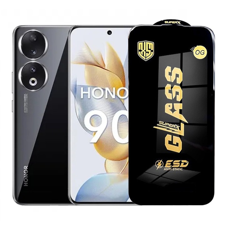 Защитно фолио за Honor 90 Smart, Flippy, Закалено стъкло ESD, Черни ръбове, Устойчивост на надраскване, Антистатично, 0.35 мм, Прозрачно