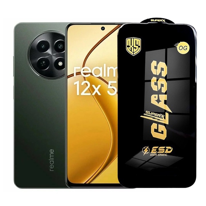 Защитно фолио за Realme 12x, Flippy, ESD закалено стъкло, черни ръбове, устойчиво на надраскване, антистатично, 0.35 мм, прозрачно