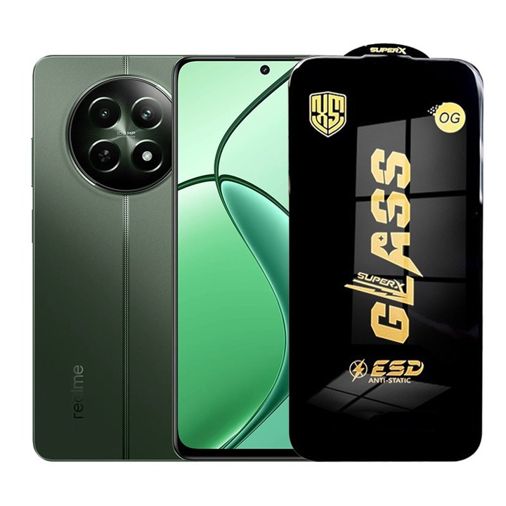 Защитно фолио за Realme 12, Flippy, Закалено стъкло ESD, Черни ръбове, Устойчивост на надраскване, Антистатично, 0.35 мм, Прозрачно