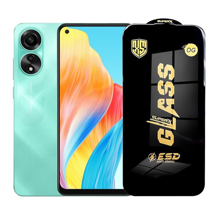 Защитно фолио за Oppo A78, Flippy, Закалено стъкло ESD, Черни ръбове, Устойчиво на надраскване, Антистатично, 0.35 мм, Прозрачно