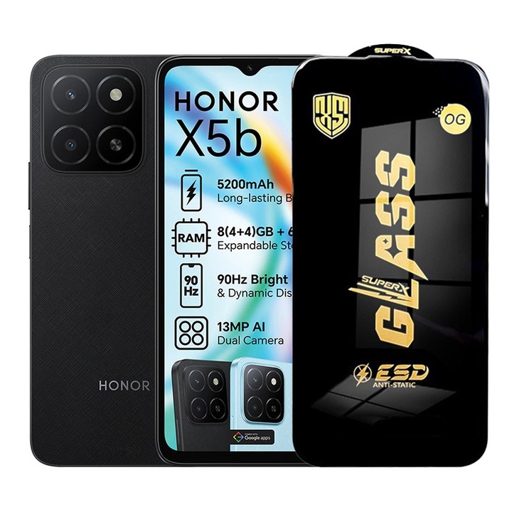 Folie de Protectie pentru Honor X5b, Cyrax, Sticla Securizata ESD, Margini Negre, Rezistenta la Zgirieturi, Antistatica, 0.35 mm, Transparenta