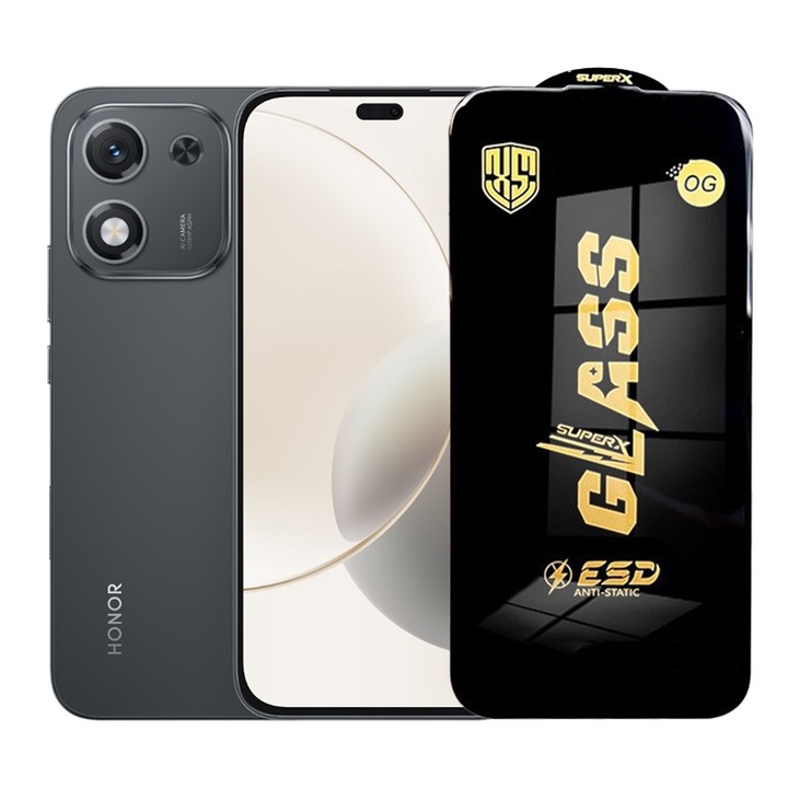 Folie de Protectie pentru Honor X70i, Cyrax, Sticla Securizata ESD, Margini Negre, Rezistenta la Zgirieturi, Antistatica, 0.35 mm, Transparenta