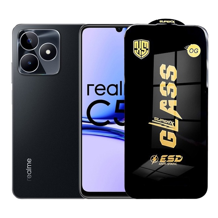 Folie ecran pentru Realme C53, Sticla Securizata ESD, Margini Negre, Rezistenta la Zgirieturi