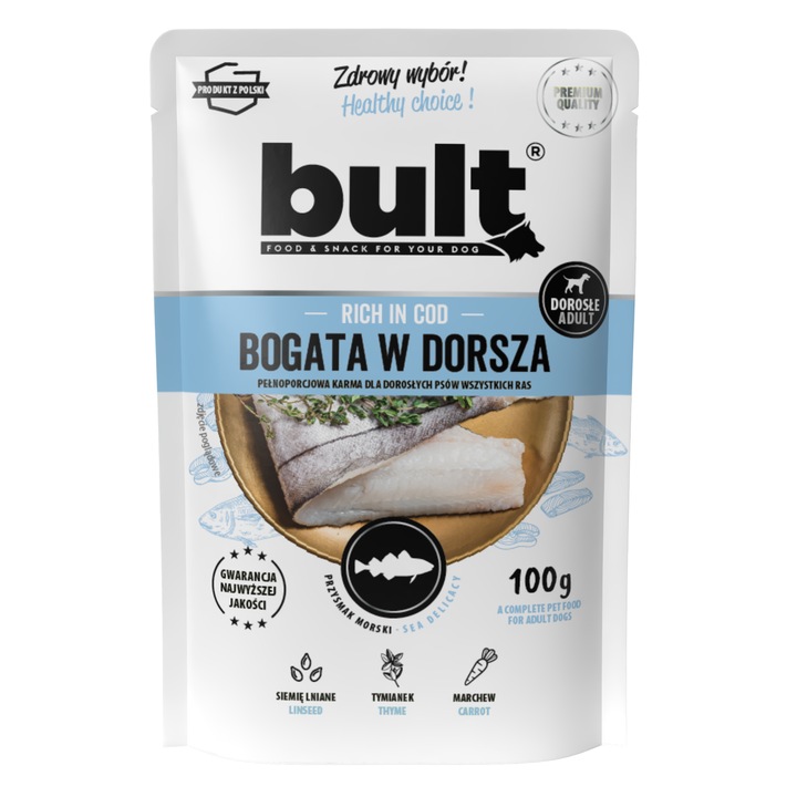 Mancare umeda pentru caini BULT, pasta cu cod, 100g, fara aditivi artificiali, cu seminte de in si morcov