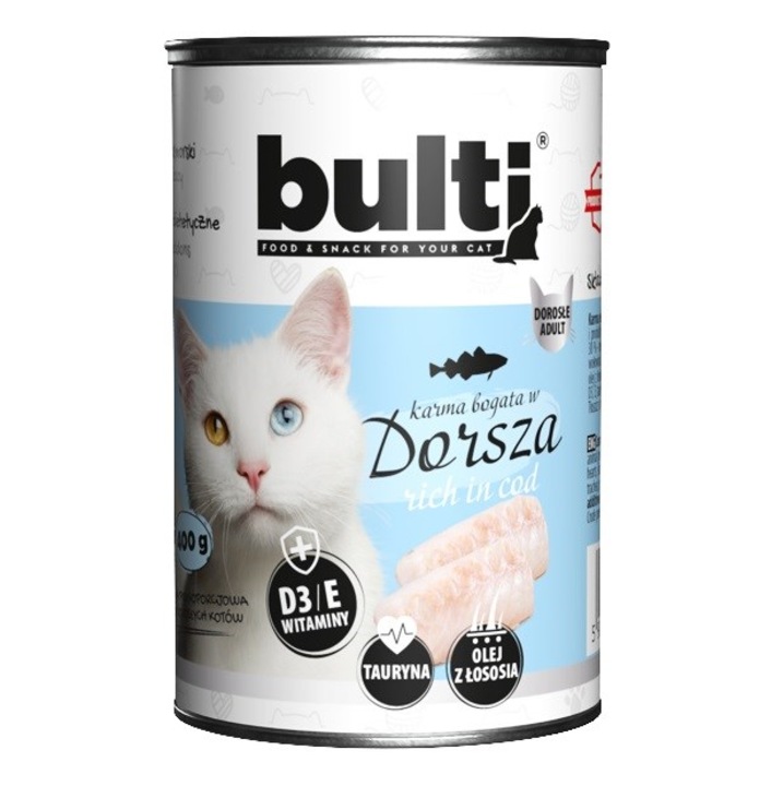 Hrana umeda pentru pisici BULTI cu dorsh 400g, 65% carne, textura cremoasa
