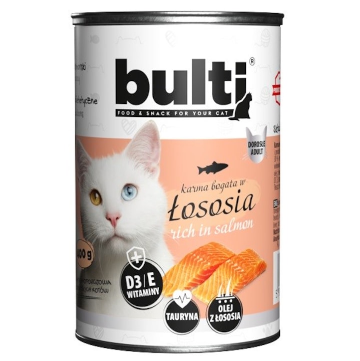 Hrana umeda pentru pisici BULT cu somon 400g, 65% carne, fara conservanti