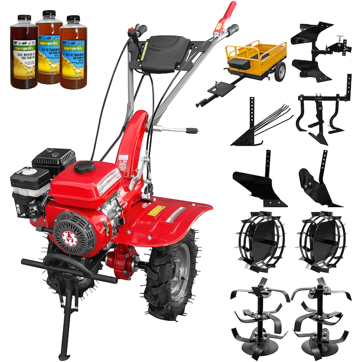 Motocultor Rotakt Cadet RO101RS, motor 7 CP, benzina, 2+1 viteze, latime lucru 56-90 cm, freze 2+1, roti 4.00-8”, roti metal, plug arat, rarita reglabila, plug cartofi, cultivator, plug reversibil, remorca, 3l ulei