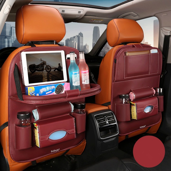 Set 2 Organizatoare Auto Multifunctionale pentru Spatar Scaun, Masa Rabatabila, Suport Tableta, Suport Sticle, Buzunare pentru Accesorii, Servetele si Jucarii Copii, Piele Ecologica Premium, Rosii, PriStyle®