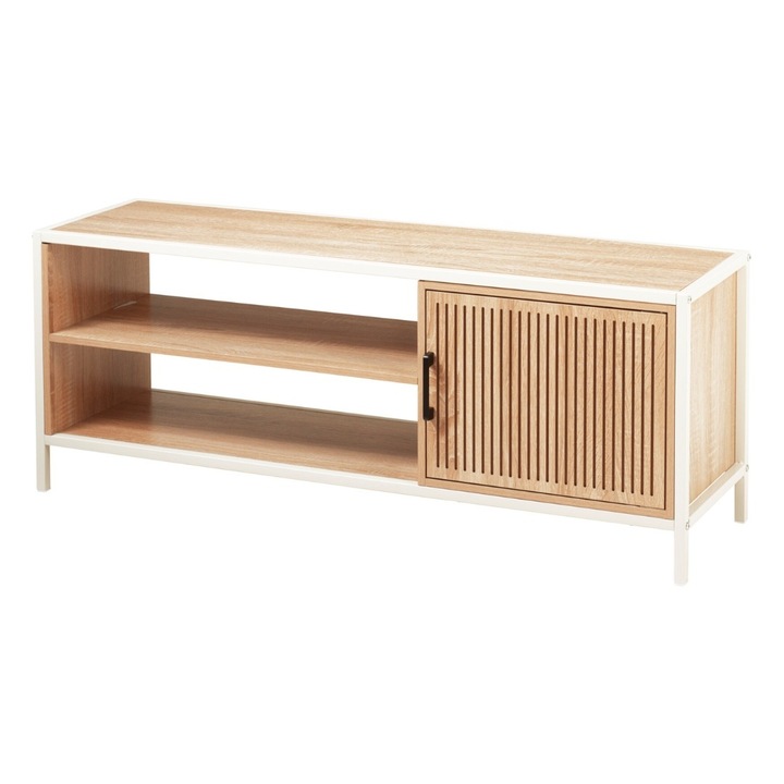 Comoda cu cadru metalic si rafturi MDF, design natural cu usa din lemn, 116x33x45 cm, alb