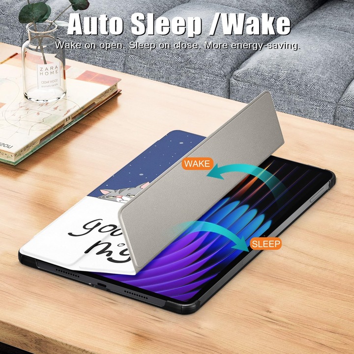 Калъф Sigloo за таблет Xiaomi Pad 7 / 7 Pro 11.2" (2024) – Тънък, Трикратно сгъваем магнитен, Екологична кожа, Стойка, Противоударен – модел Мързелива котка
