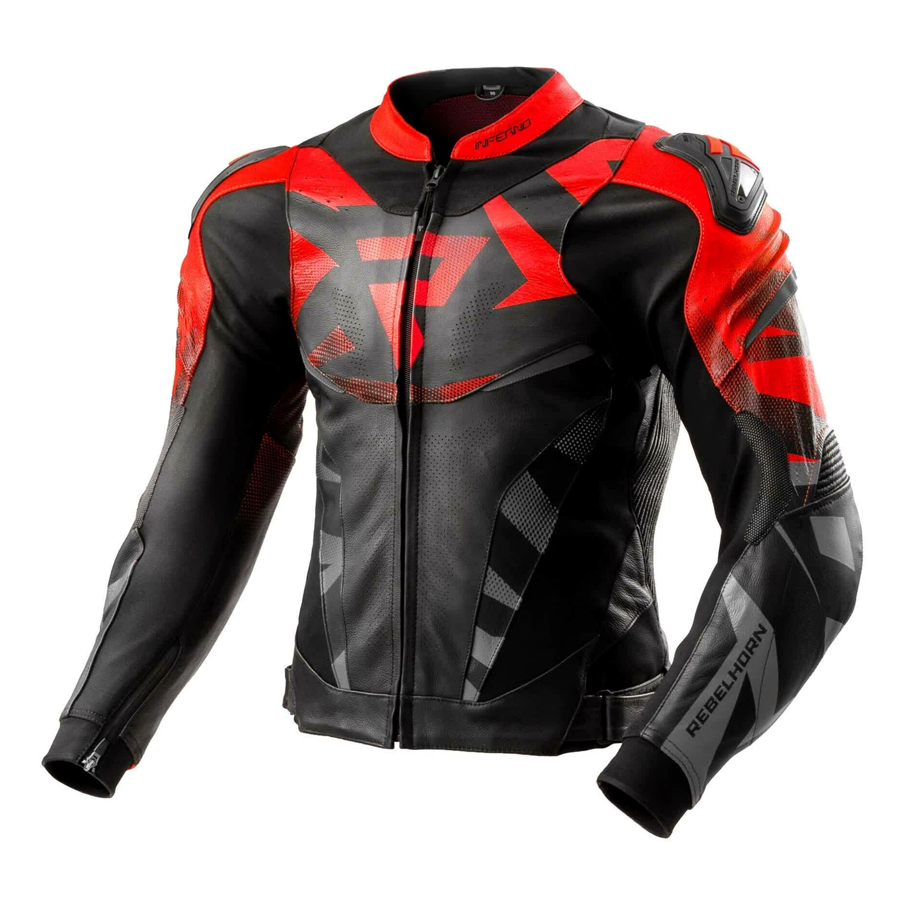 Jacheta moto, din piele, pentru barbati, REBELHORN, negru/rosu