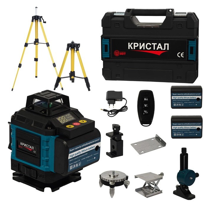 Professzionális DDT-KRISTAL lézeres szintező 16 vonal 4D, zöld, 2 db Li-ion akkumulátorral, távirányítóval, állvánnyal, tartókkal és hordtáskával