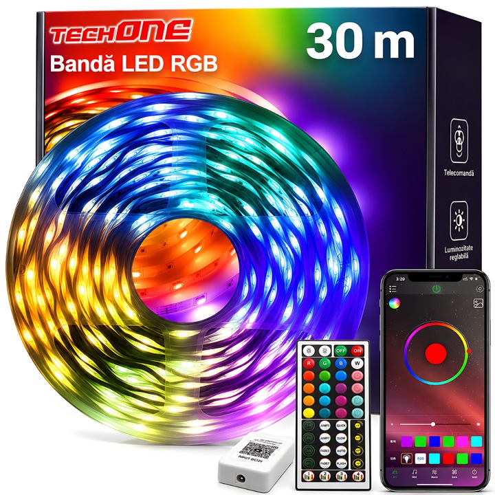 Kit Banda LED Techone® Smart RGB 30 Metri (2 X 13.5m), Control Aplicatie, Telecomanda, Bluetooth, Lumina Multicolora, Music Sync, Led Strip