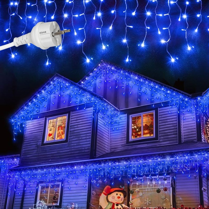 Instalatie De Craciun EDAR Franjuri, Albastra, 15m, 300 Leduri, Fir Alb Gros, Rezistenta La Apa