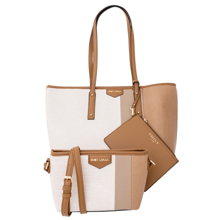 Set genti femei, Little Angel, T306, Emily Loran 3in1, bej, genti de designer, genti de mana exclusiviste