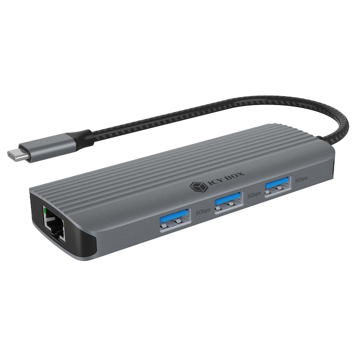 Hub ICY BOX IB-DK4034a-CPD, USB 3.2 Gen 1 Type-C, 100 W, 4K Ultra HD, Alumínium, 113x45x15mm